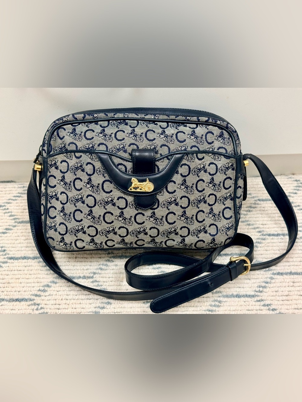 CELINE Vintage 80’s Navy C Sulky Canvas Monogram Carriage Adjust. Crossbody